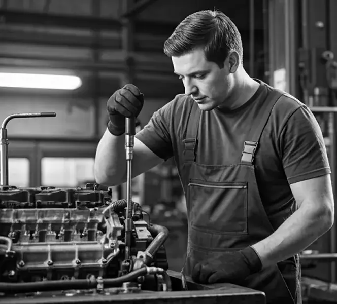 HMACS Trading certified technician inspecting heavy machinery lubrication application
